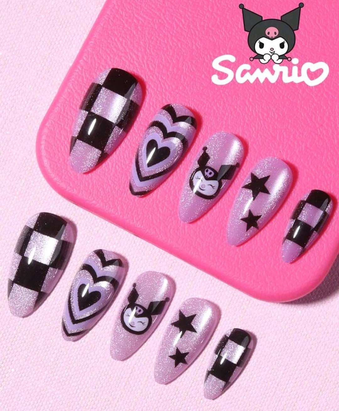 Press-On Nails SANRIO Black Pink/Lavender Silver Kuromi Medium/Long Glitter
