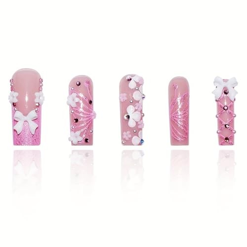 RUOKEXIN Long Square Press on Nails – Pink French Tip Fake Long Style-C6C31