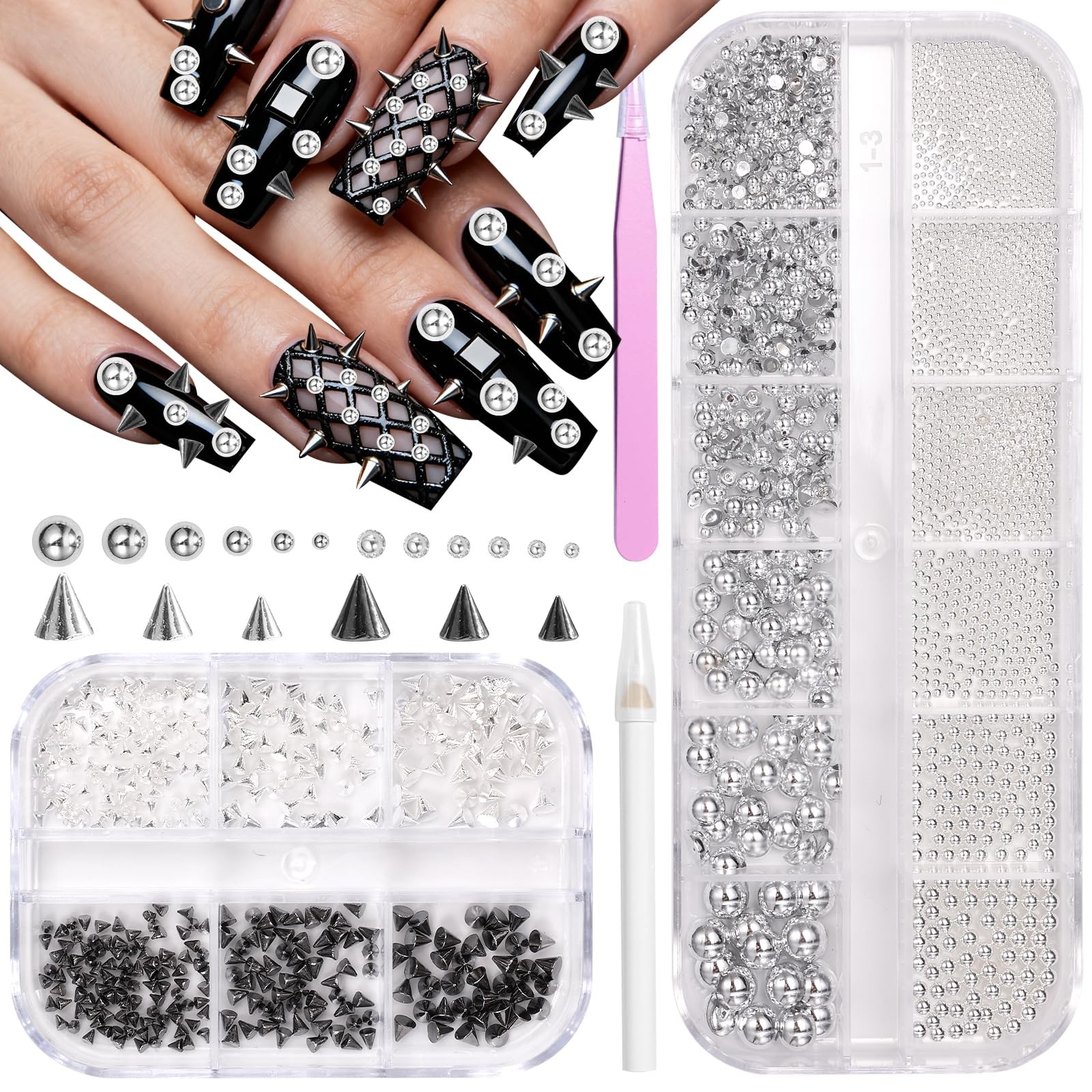 Black Silver Punk Spike Nail Charms Caviar Beads Gothic Metal Studs Rivet