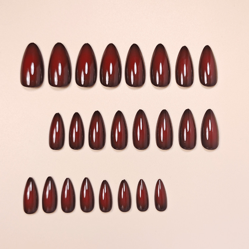 48Pcs-Medium Almond Glossy Burgundy Gradient Press on Nails Set