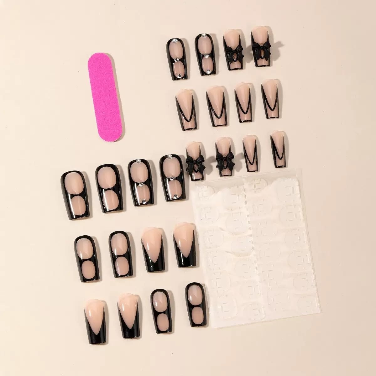 24 Pcs Reusable Black Bow Press On Nails – Glossy French Tips for Every Occasion