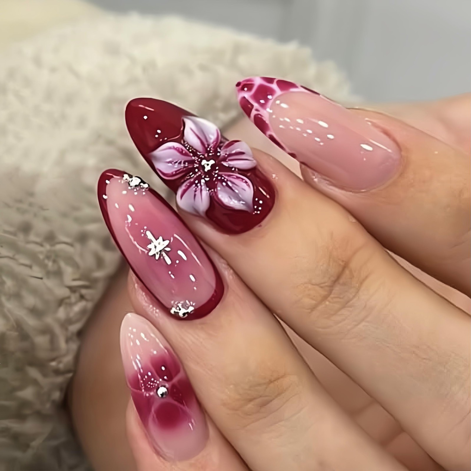24Pcs 3D Flower French Tip Press on Nails Almond Fake Nails Burgundy Gradient…