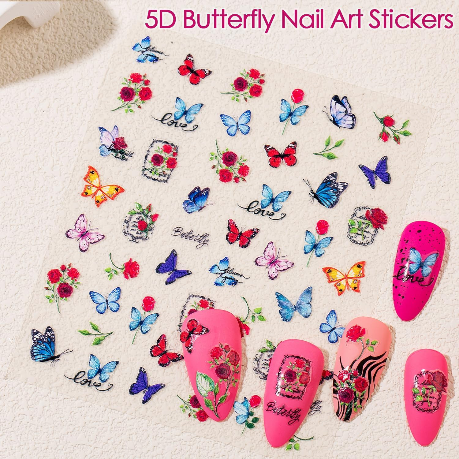 Gel Nail Stickers for Nail Art: 5D Embossed Summer Flower Nail Decals 4Pcs |