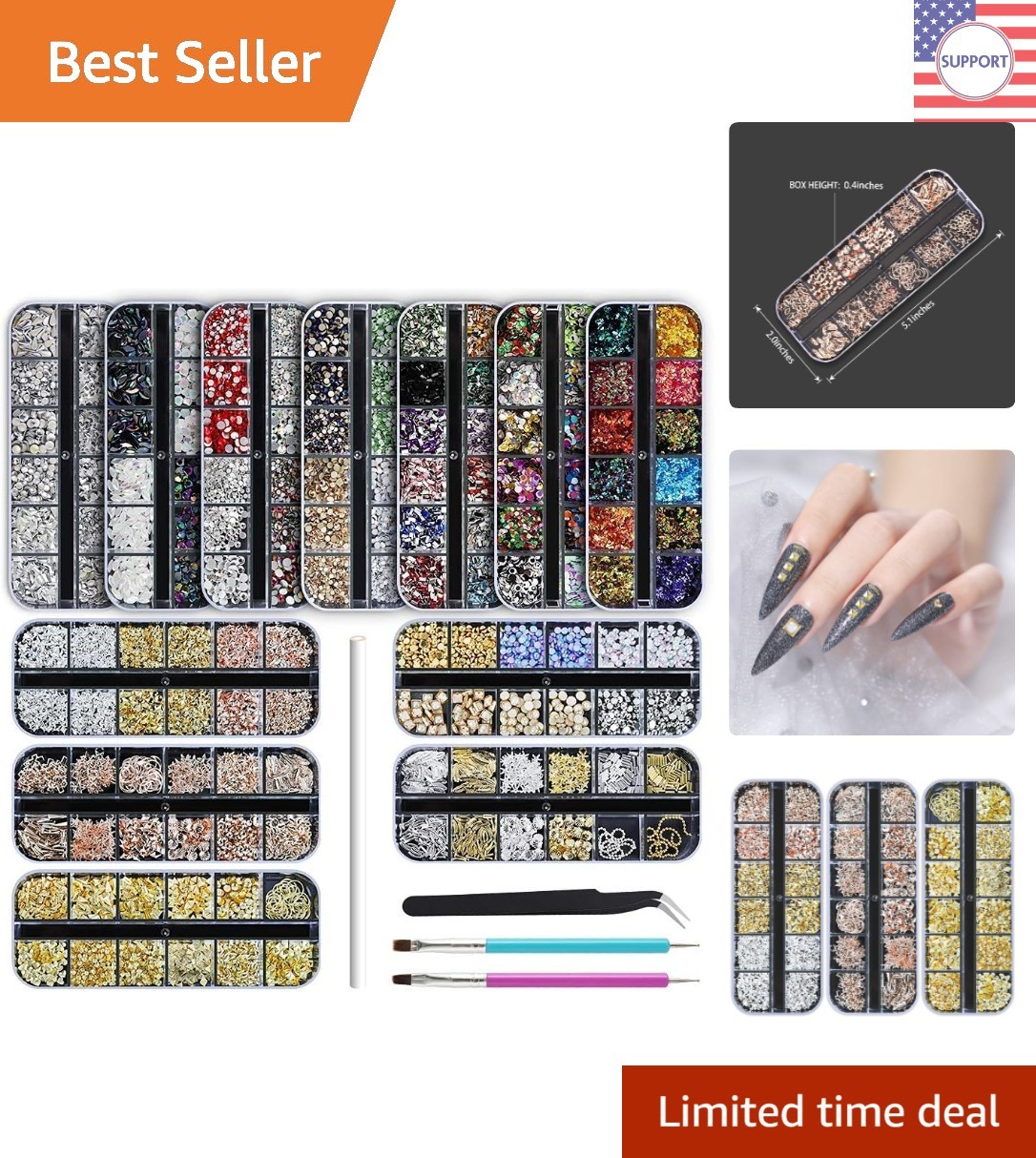 Versatile Nail Rhinestones Kit – 12 Boxes of Glitter Gems with Application Tools