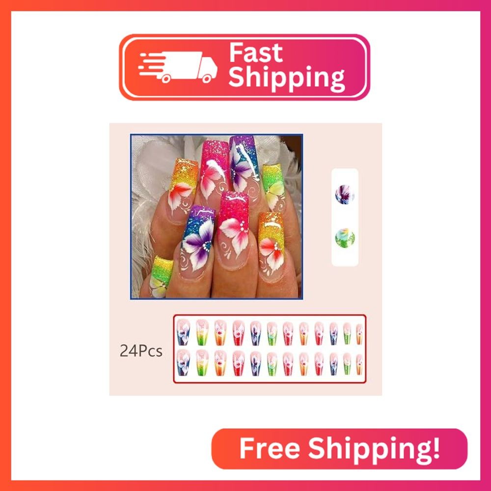 24Pcs Colorful Flower Press on Nails Coffin Long Fake Nails Glitter French Tip F