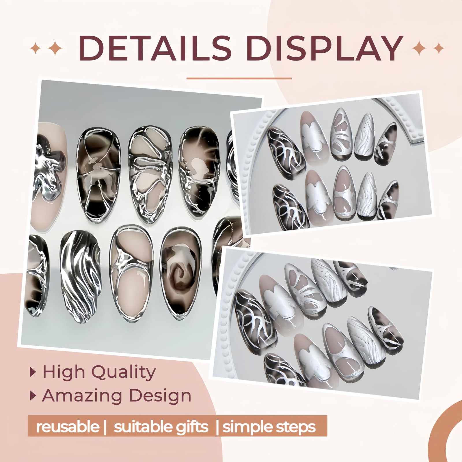 Silver Press on Nails Medium Almond Fake 3D Almond, Multicolor