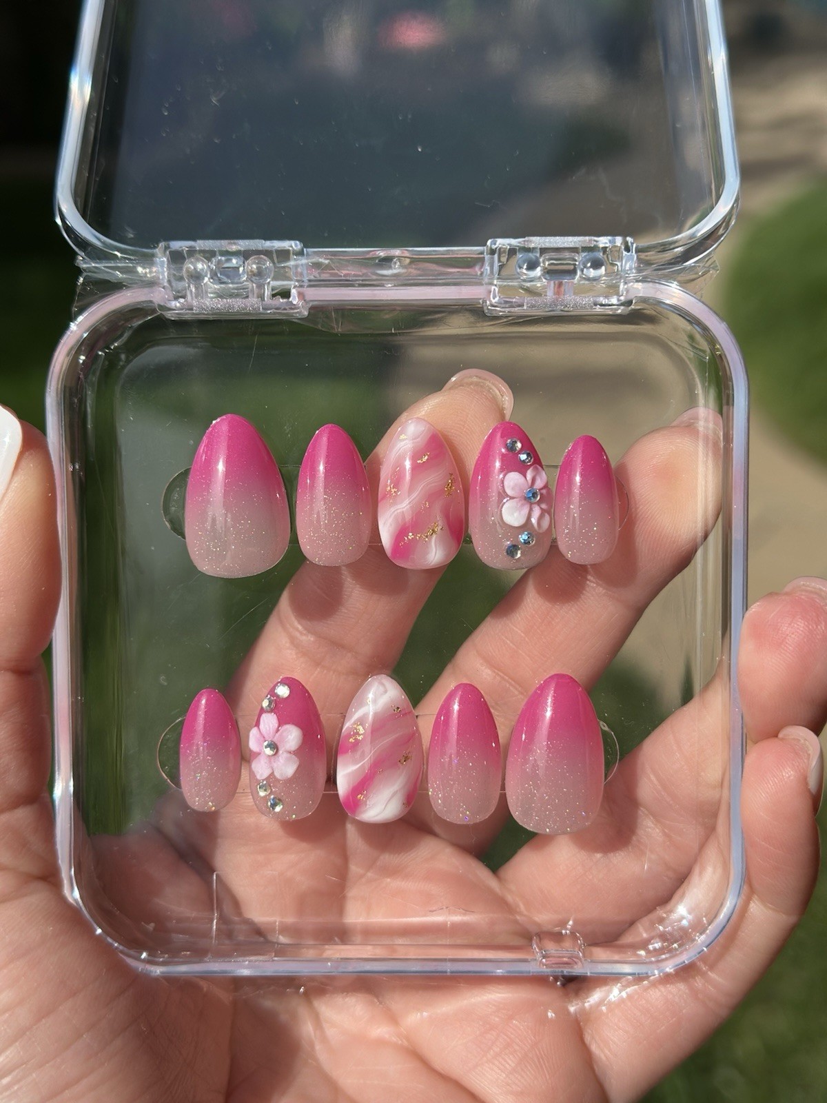 Hot Pink Summer Almond Press-On Nails Set, Glue Included