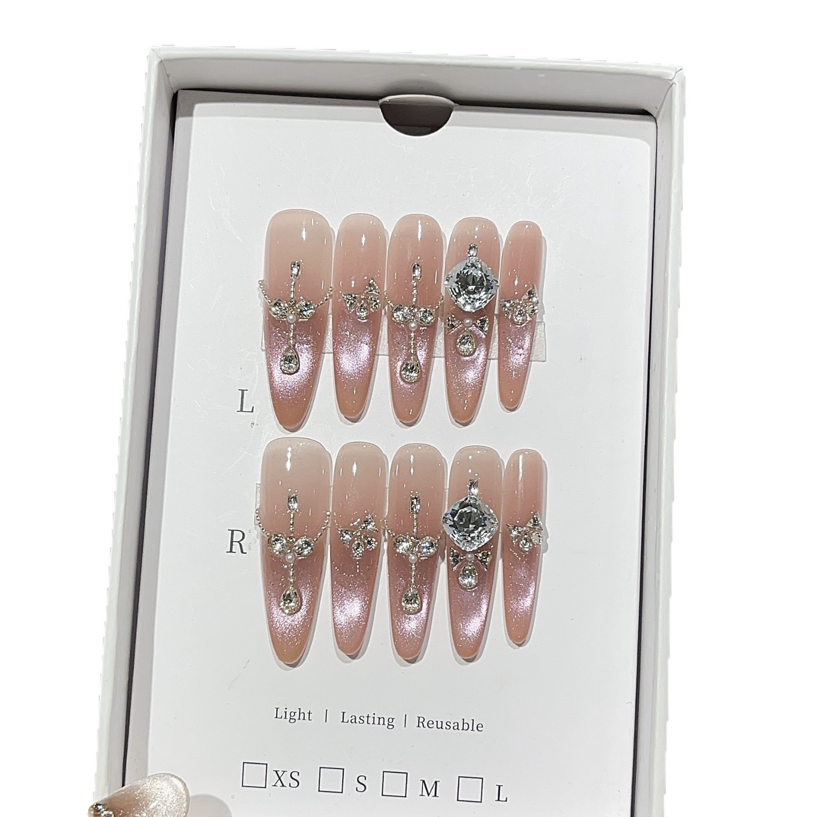 10Pcs Handmade Pink Cat Eye Long Pointed Nails French Pearl Rhinestone Design