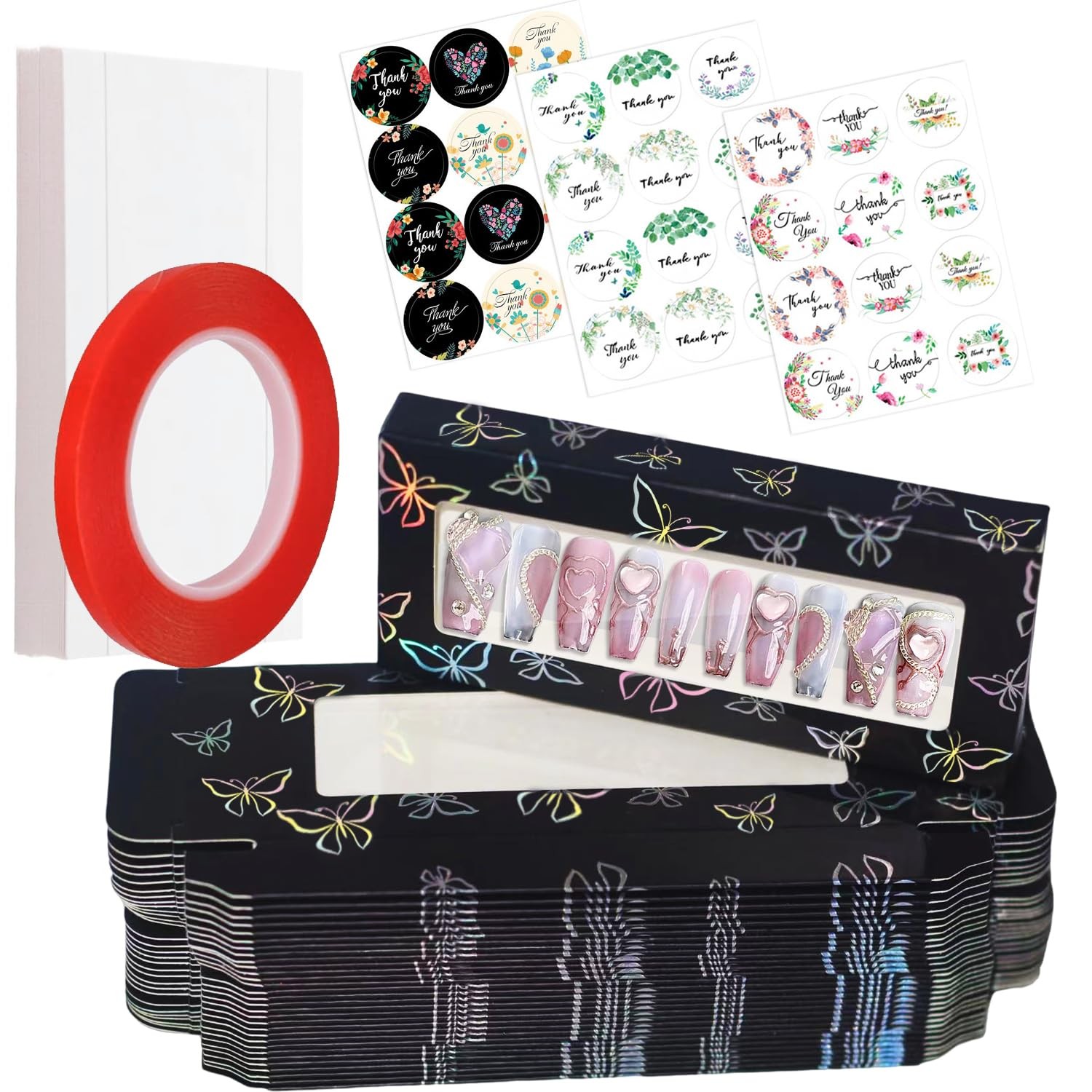 Yazabai 74PCS Press on Nails 4.92 x 2.17 x 0.59 inches, Black Butterfly
