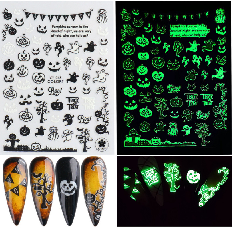 3D Luminous Halloween Nail Art Stickers Witch Pumpkin Trick or Treat CY48 NS43