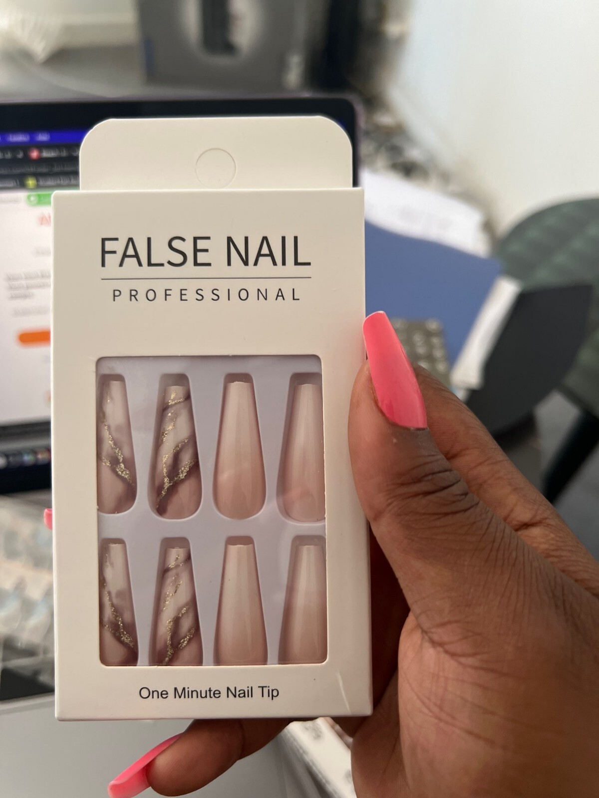 Marble Press on nails with glue 24 nails extra long coffin white tan pink gold