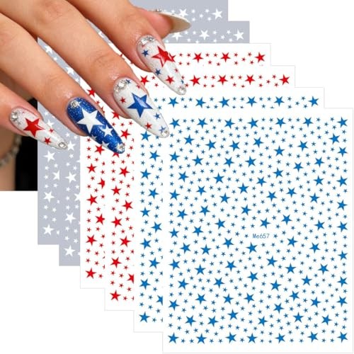 4th of July Nail Stickers – 6 Sheets Red White and Blue Star Nail Stickers 3D