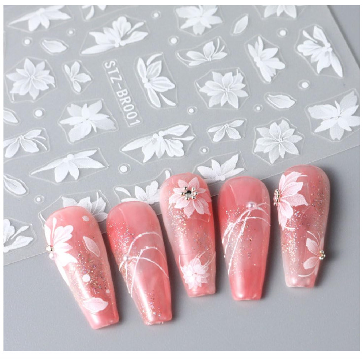 3D White Lace Flower Nail Art Lily Petal Floral Matte Effect Nail Stickers NH27