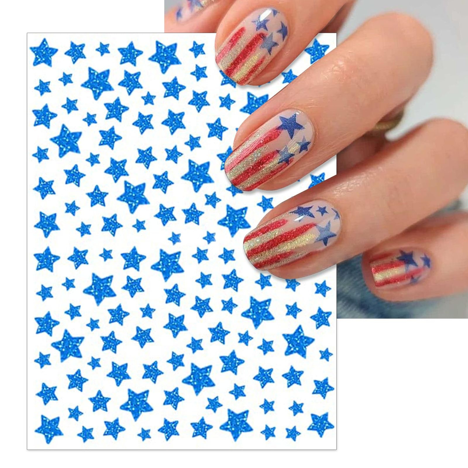 4th of July Nail Stickers, Glitter Red Blue White Star Independence Day Nail