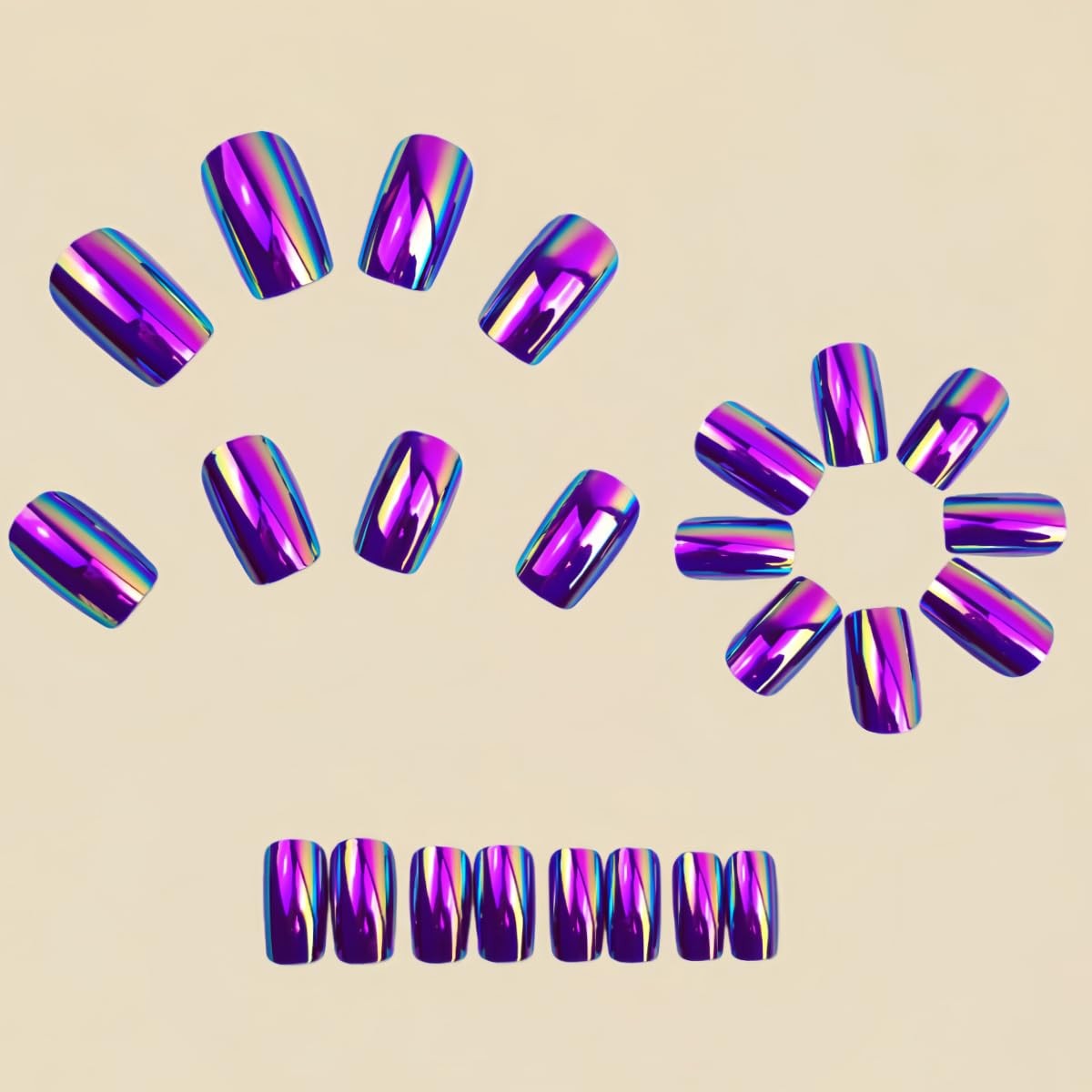 Press on Nails Medium Square Fake Nails Metallic Mirror Rose Purple Chrome