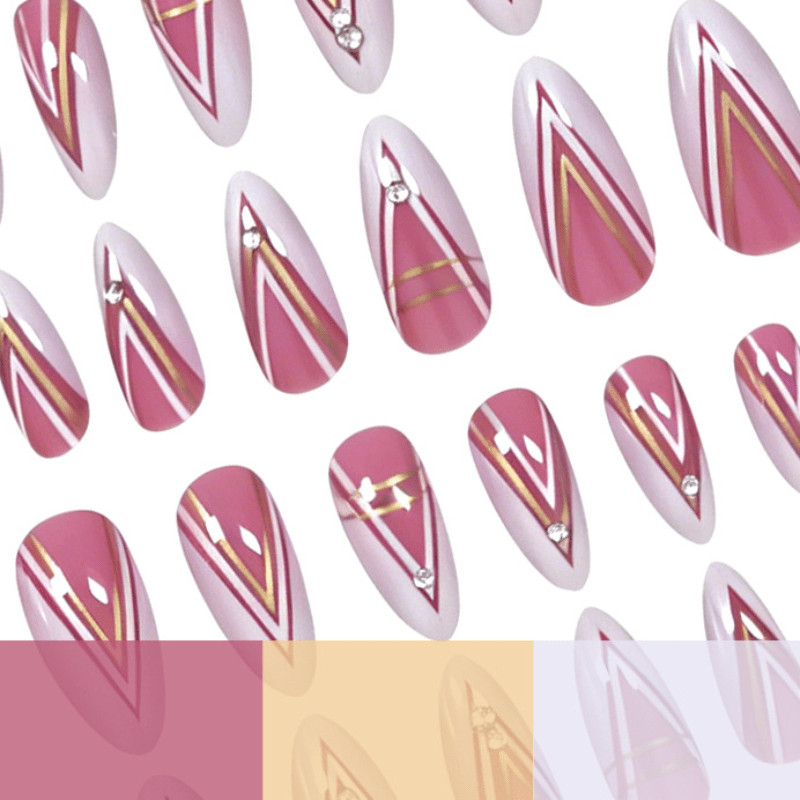 48Pcs White Gold Rhinestone Almond Press on Nails, Elegant Nude Daily Fake Nails