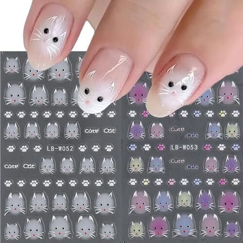 2 Sheets Cute Cat Nail Art Stickers, 5D Embossed Self-Adhesive Colorful Little