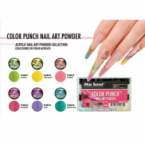 New Mia Secret Monomer 4 Ounce + COLOR PUNCH Nail Art Powder 6 Colors Set