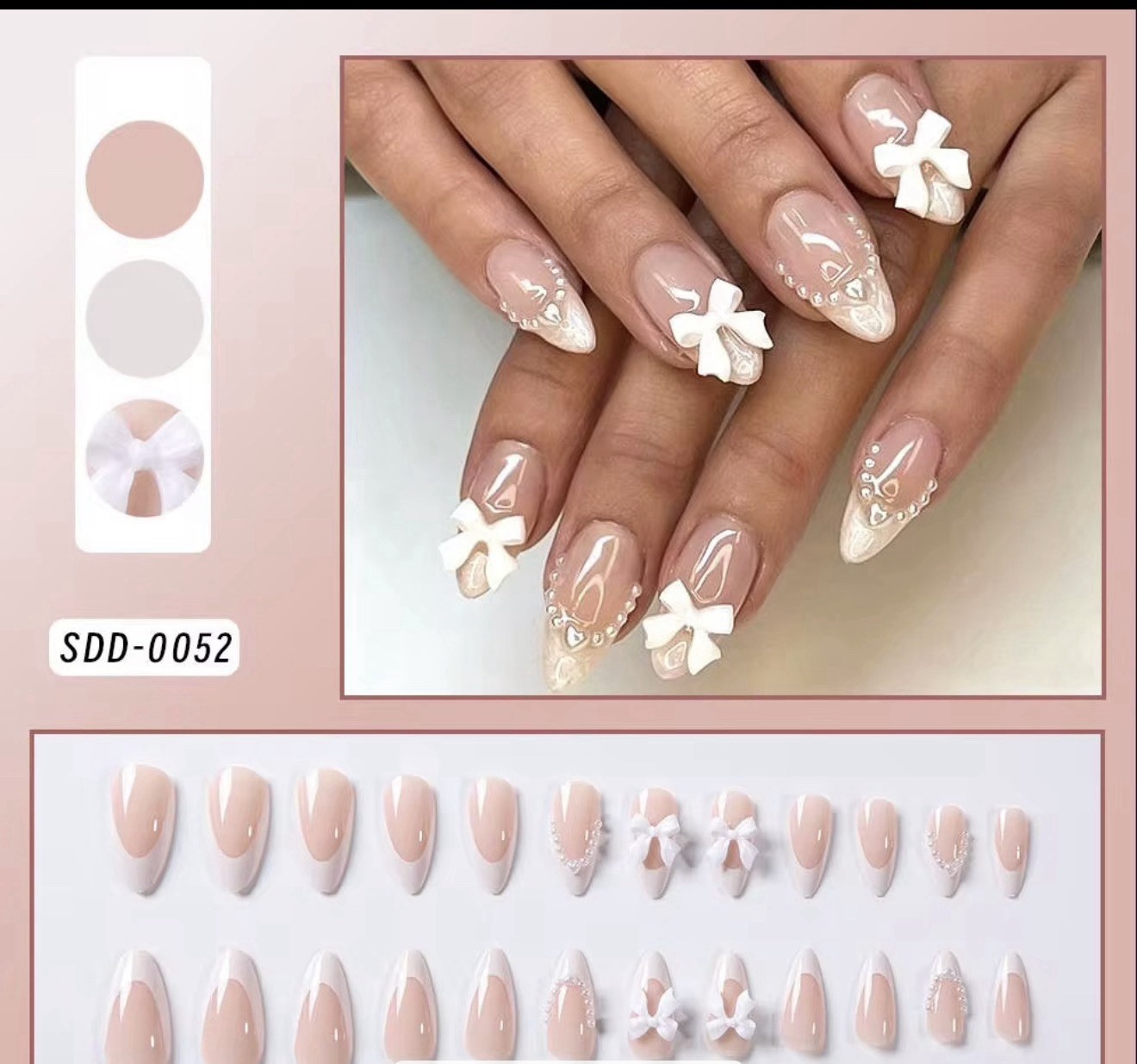 24Pcs 3D Press-On Nails Set (Bows, Rhinestones, Shells & Floral Designs) – Reus