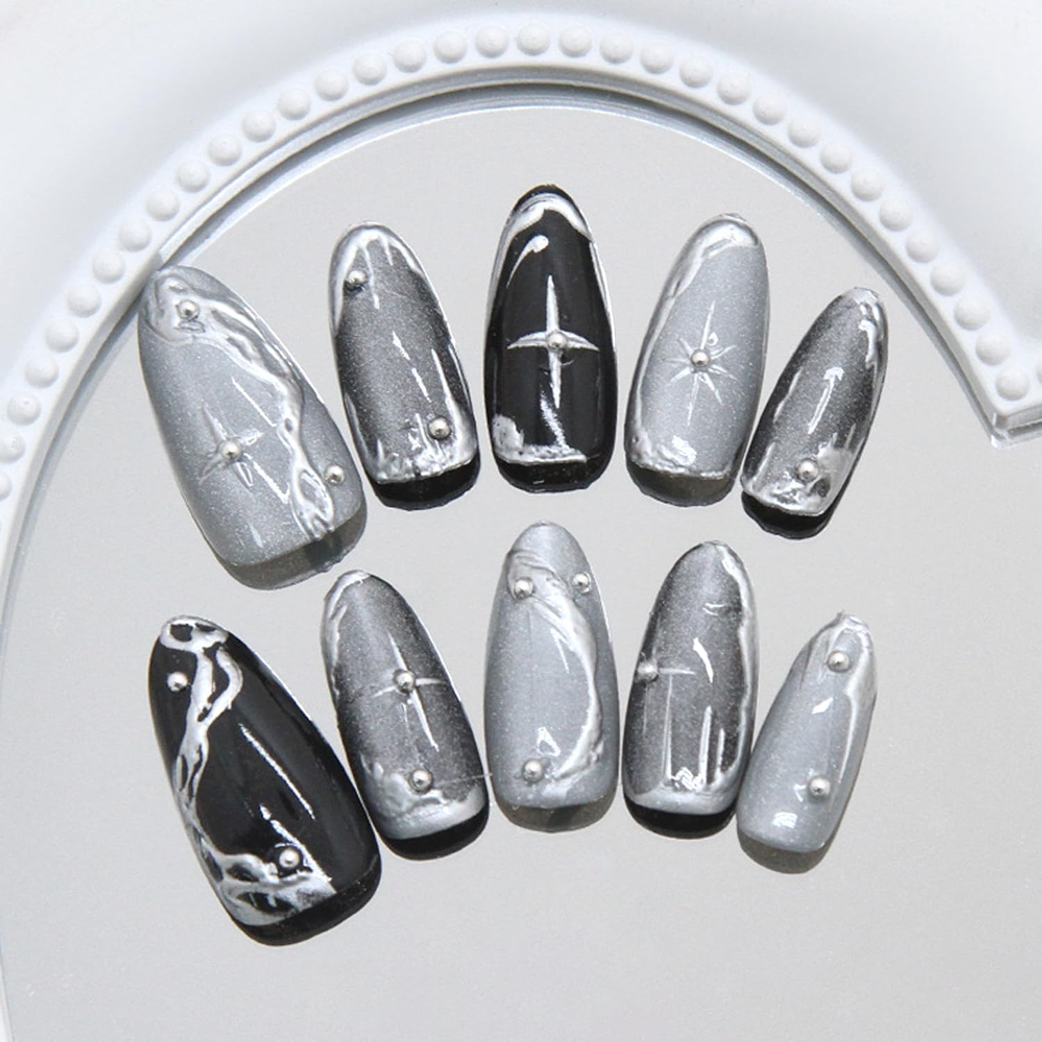 30Pcs Silver Chrome Press on Nails Short to Medium Almond, Colorful -37