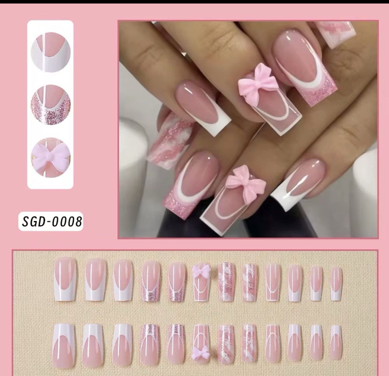 24Pcs 3D Press-On Nails Set (Bows, Rhinestones, Shells & Floral Designs) – Reus