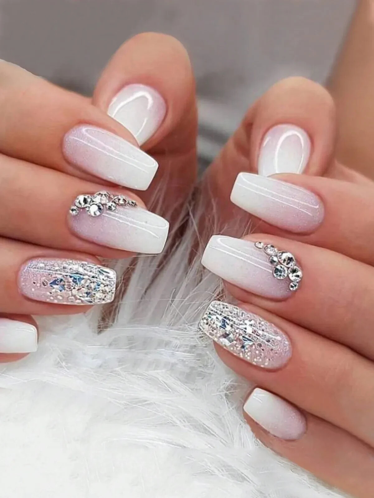 NEW 24 pc coffin pink & silver Rhinestone fake press on nails w/ nail tabs