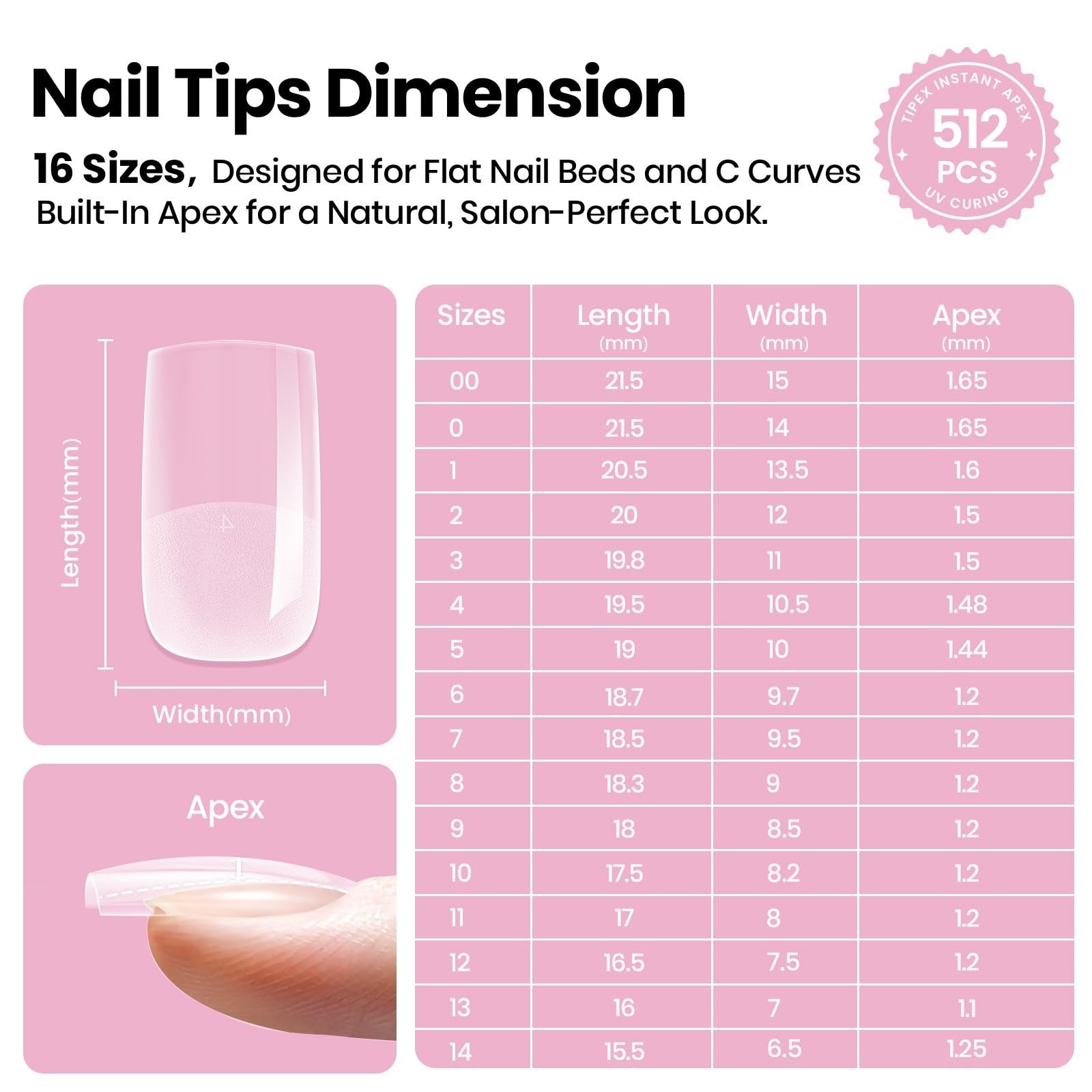 Instant Nail Tips – Short Square 512pcs (00-14) | No Builder Gel, DIY Acrylic Ex
