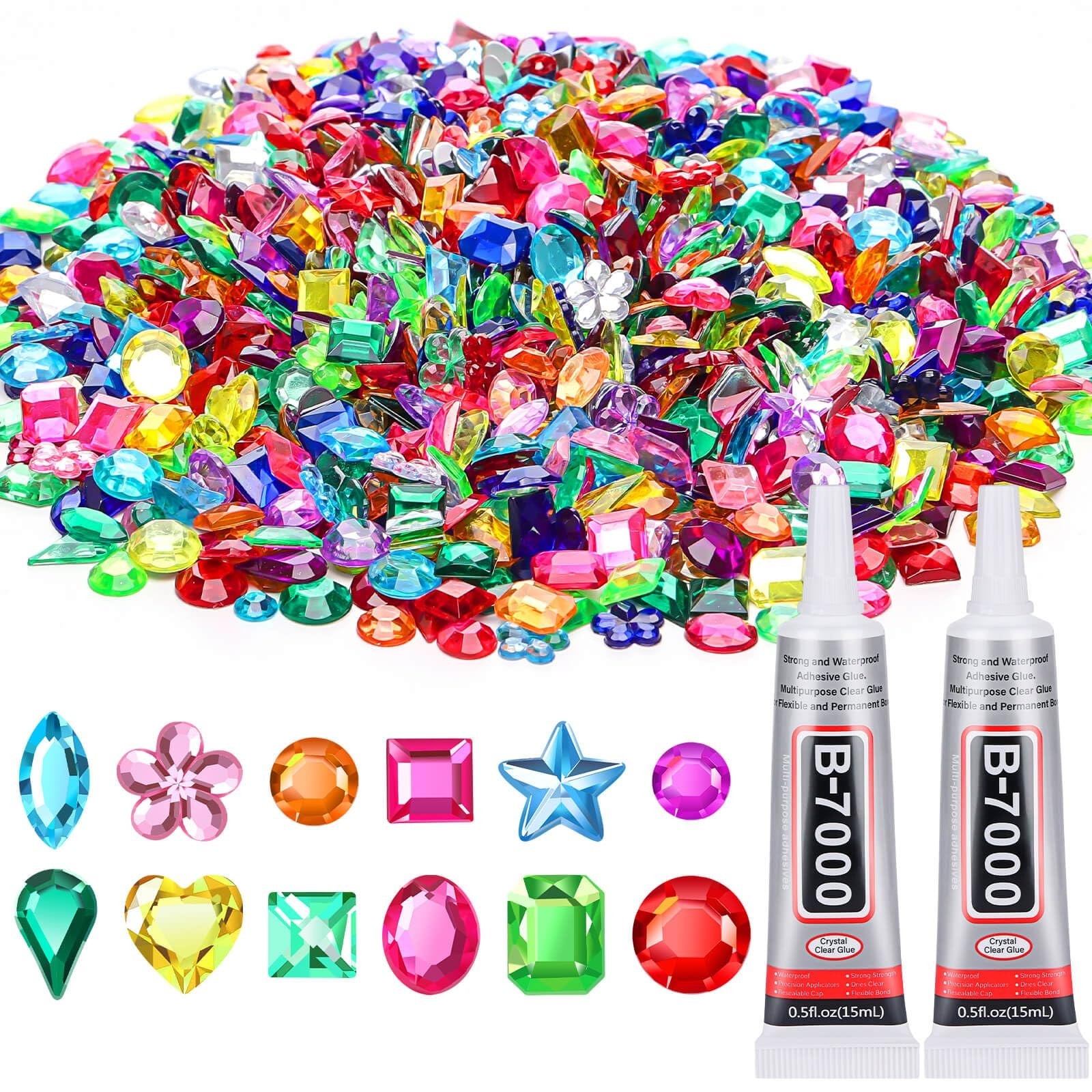 1200Pcs Craft Gems & 2 B7000 Jewelry Glue – Flat Back Sequins, Rhinestones, Gems