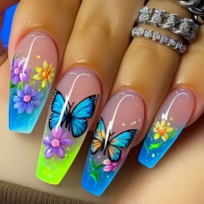 24pcs Ballet Press-On Nails, Long, Glossy, Colorful Butterfly Design, Summer