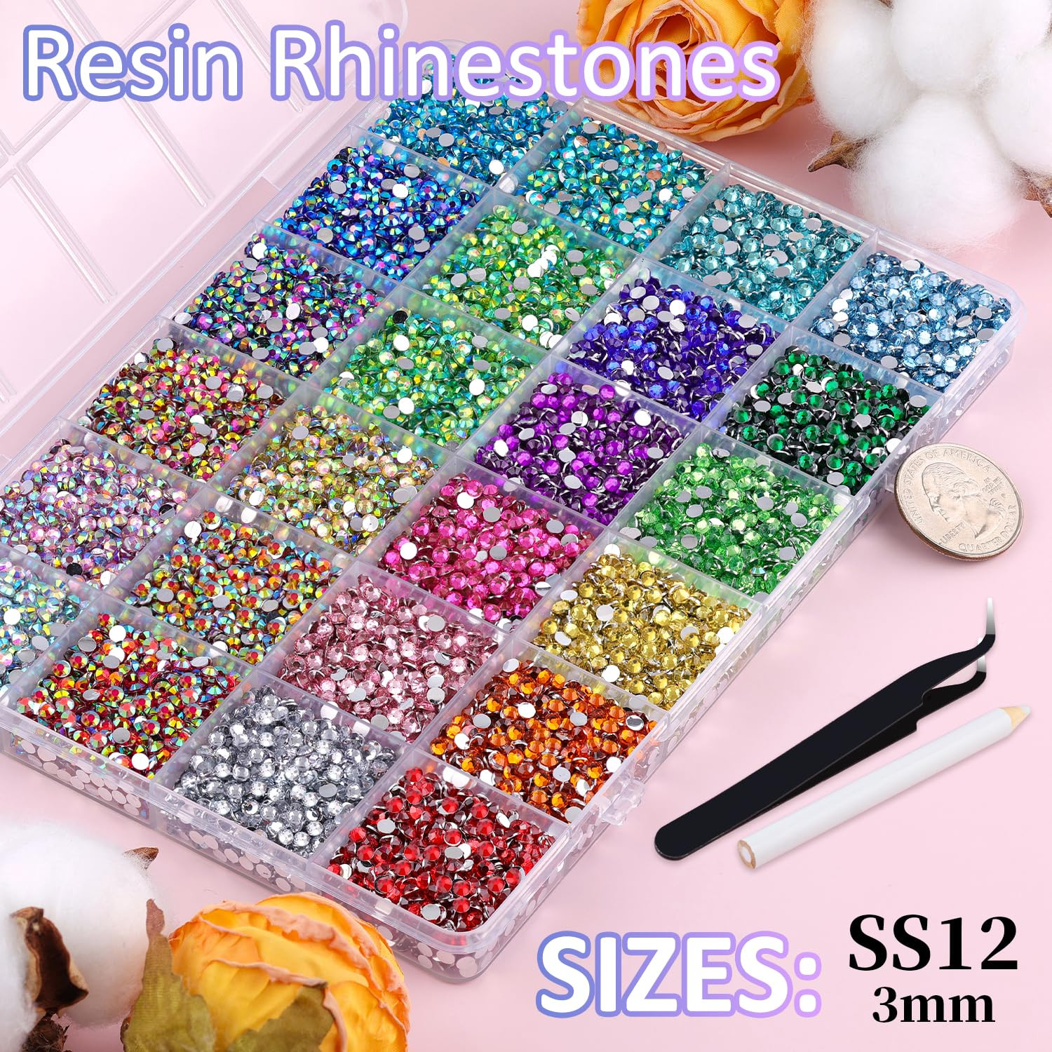 24000Pcs Resin Rhinestones with Tweezers for Crafting, Mixed-Color 3Mm Bedazzlin