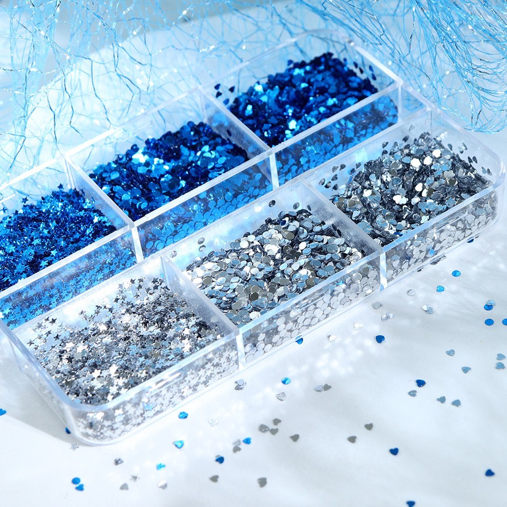 6Grids 1mm Mini Silver Blue Nail Glitter Sequins Mix Heart Star Flakes for Nails