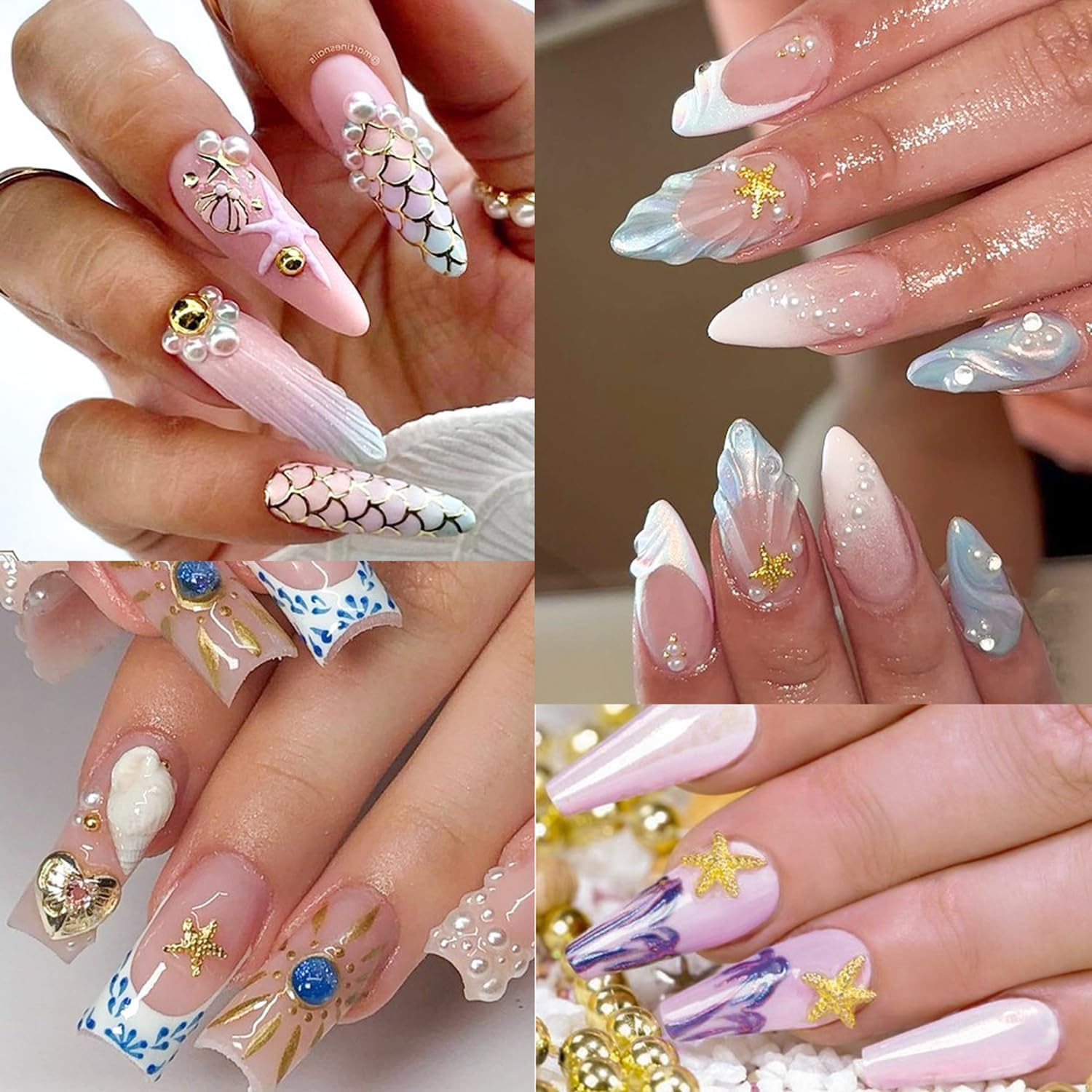12Grids Summer Metal Nail Art Charms 3D Gold Starfish Shell Conch Nail Charms Sp