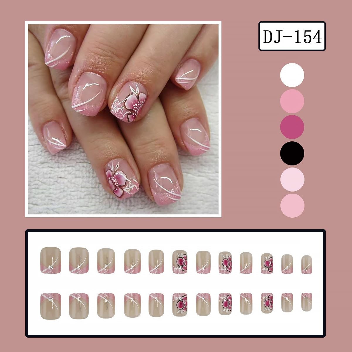 24Pcs French Tip Press on Nails Short Square Flower Fake Nails Pink False Nai…