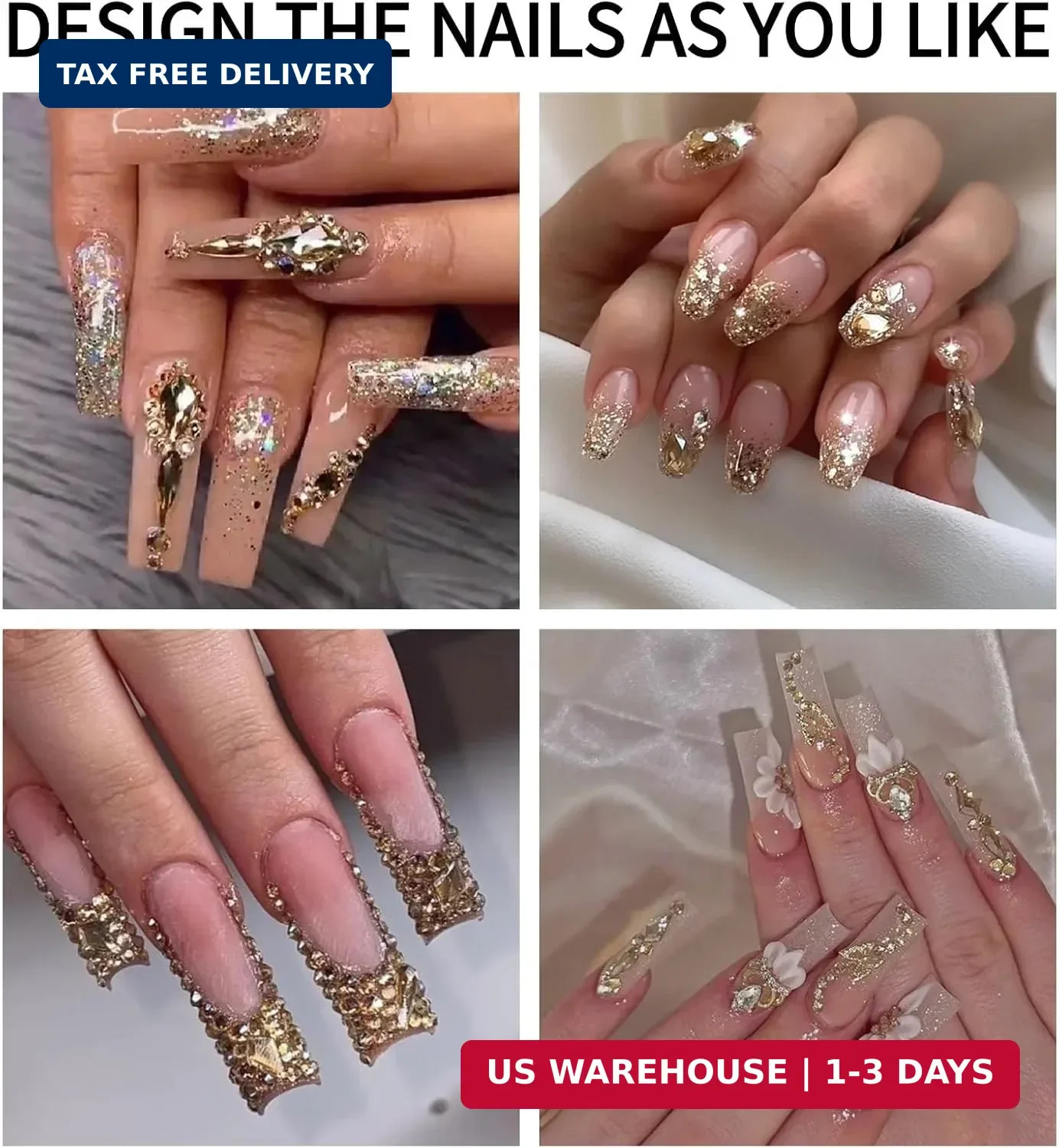 SUTOKAKA 1 Box Champagne Gold Nail Art Rhinestones Multi Shapes 3D Flatback Beda