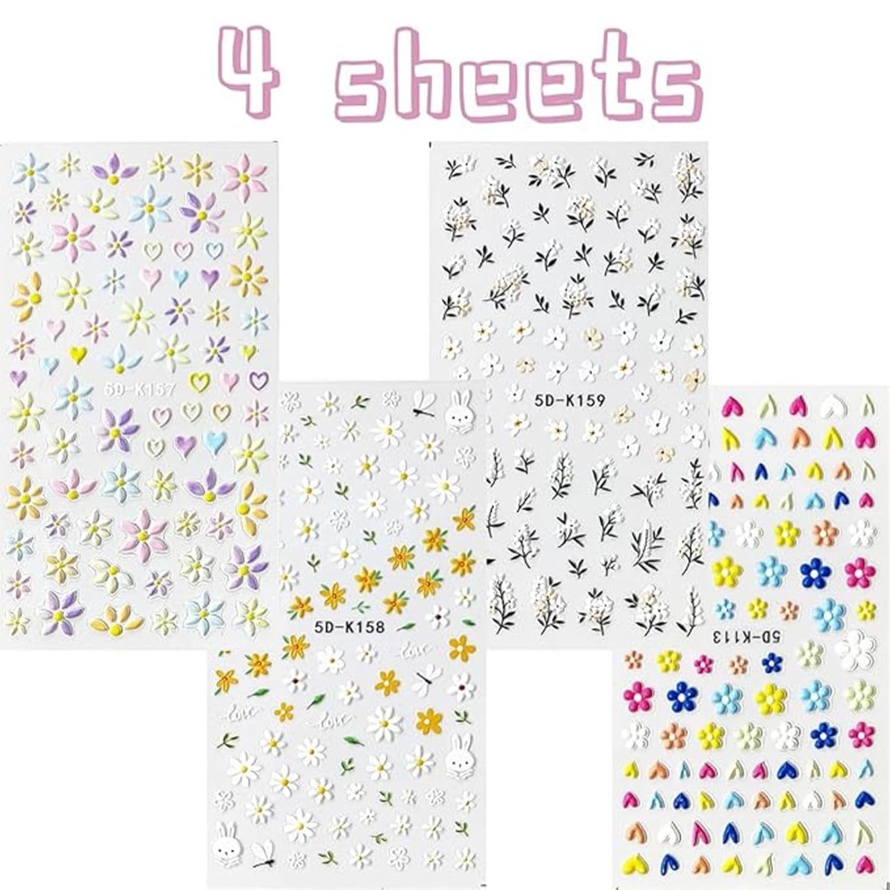 Flower Nail Art Stickers Self Adhesive 5D Embossed Daisy Design Spring Summer