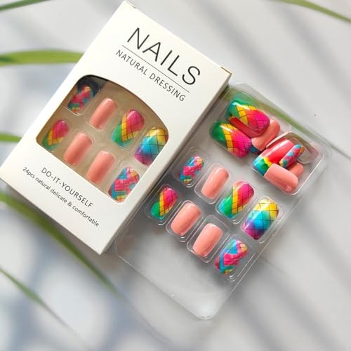 Square Press on Nails Colorful Rhombus Plaid Design Fake Nails Medium Style 8