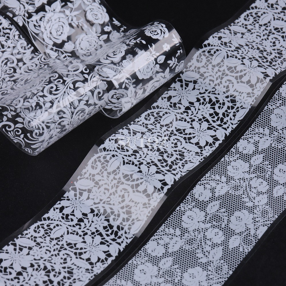 10Pcs Retro Black White Flower Lace Foils Nail Art Transfer Stickers Decals NH30