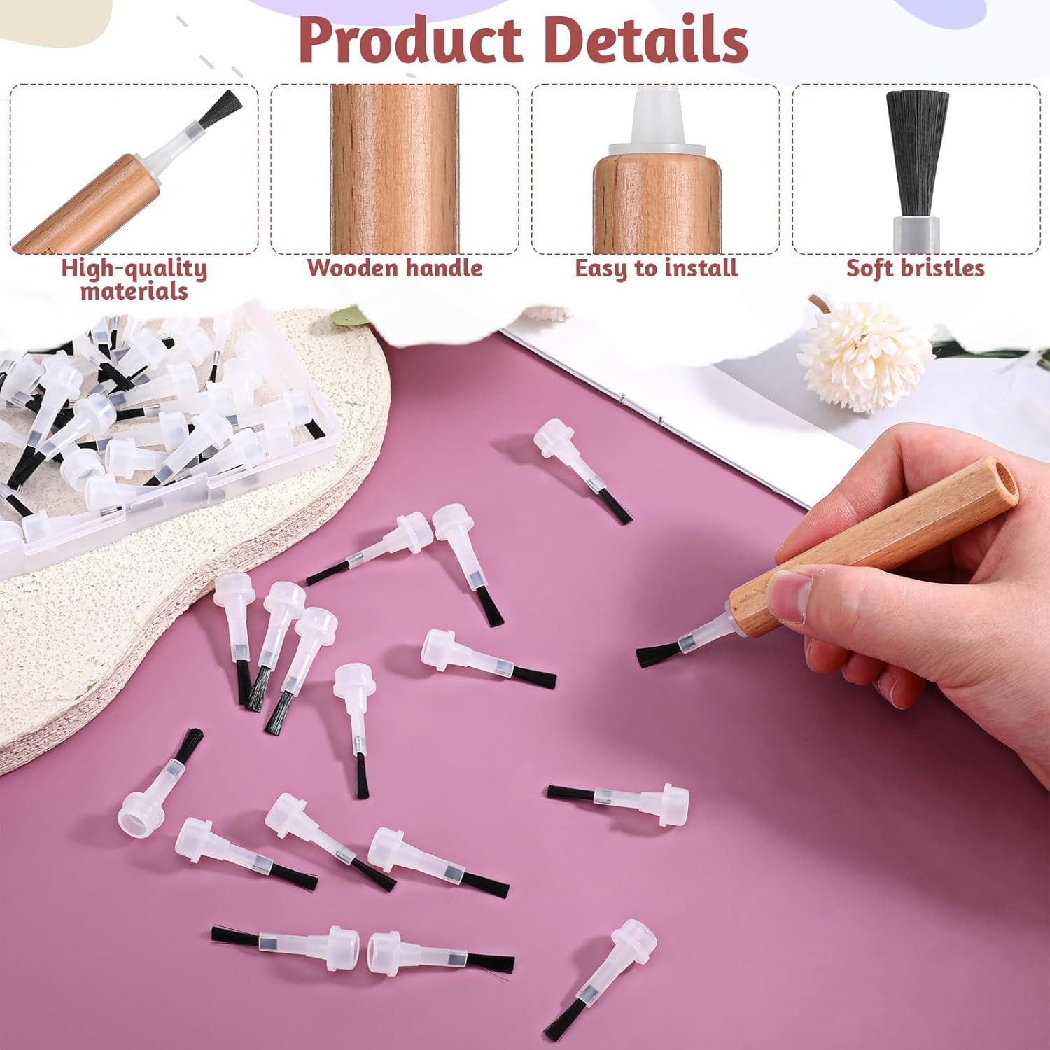 51Pcs Nail Polish Brush Replacement with Wood Handle, Disposable Dip Powder & Li