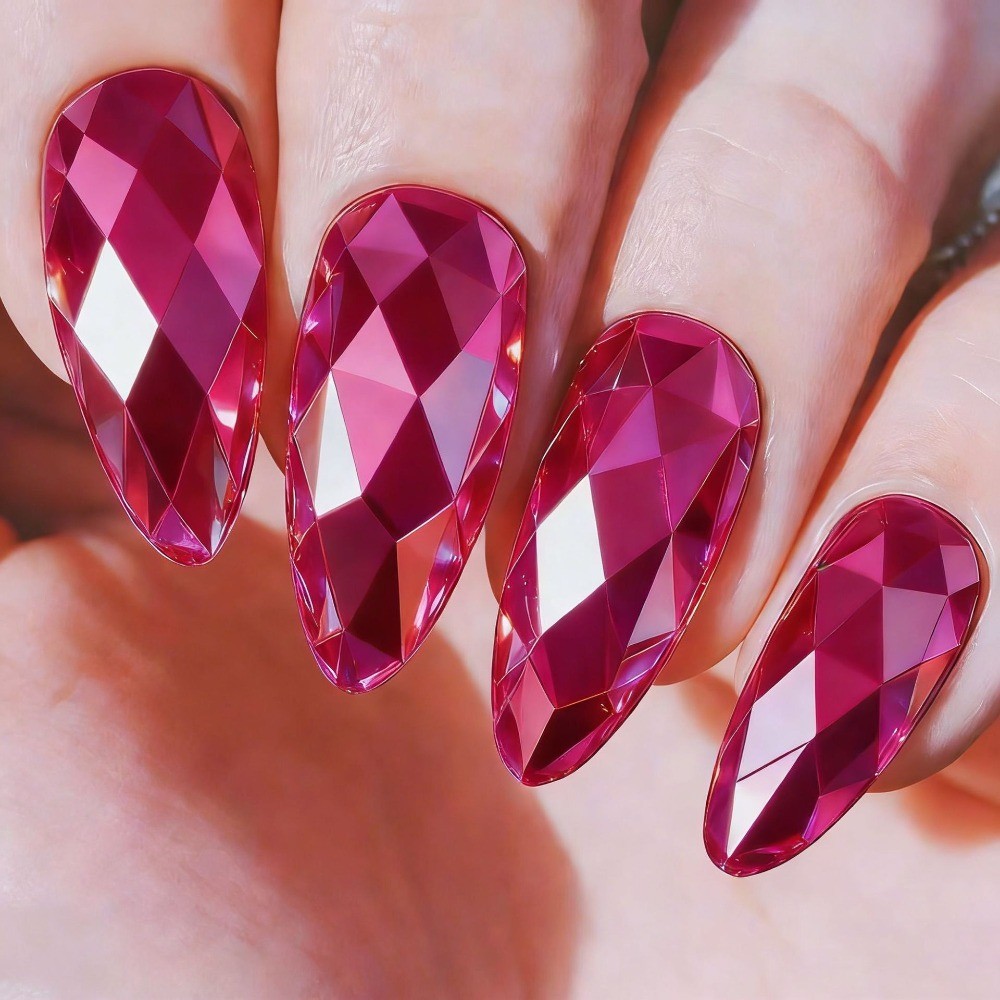 24pcs 3D Rhombus Press-On Nails, Electroplated Almond Fake Tips for Women