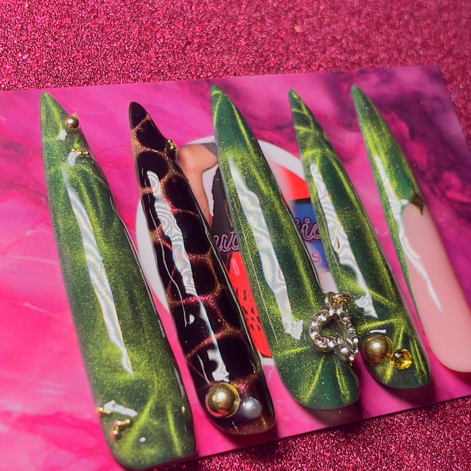 Nail Arts By Dia Long Stiletto Press-On Nails Animal Shiny Green Black Pink