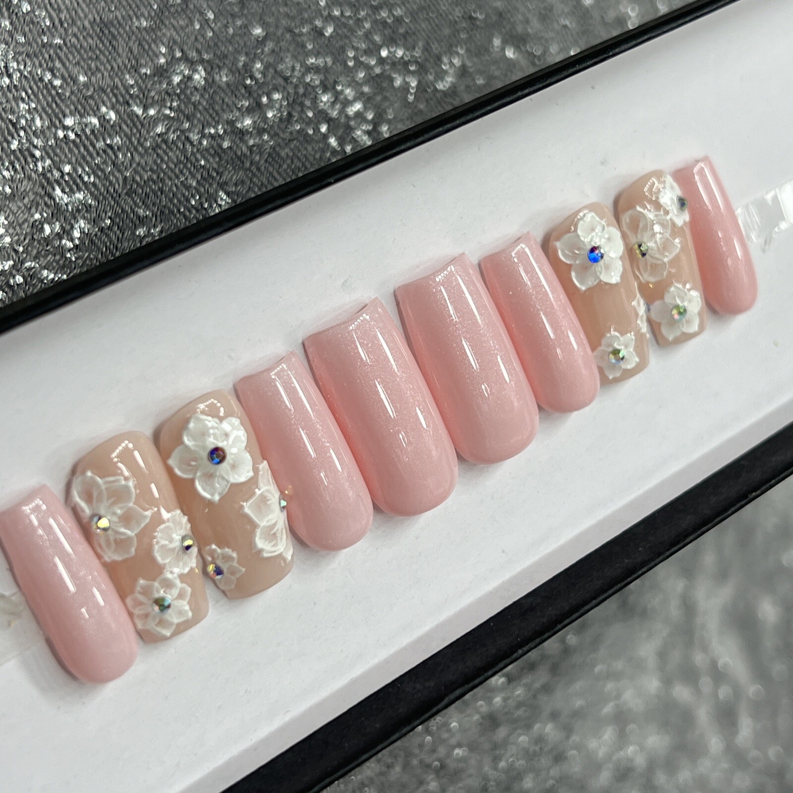 🤍 CUSTOM Hard Gel Press On Nails, Flower Pink Nude BLING 10p FULL SET W Kit