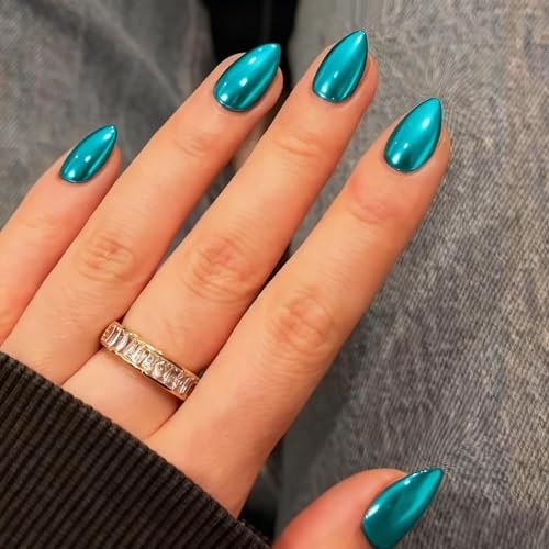 Chrome Press On Nails Short Almond, Metallic Teal Green Fake Nails almond-teal