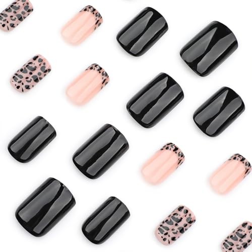 Leopard Print Press on Nails French Tip False Nails Black Solid Animal Print