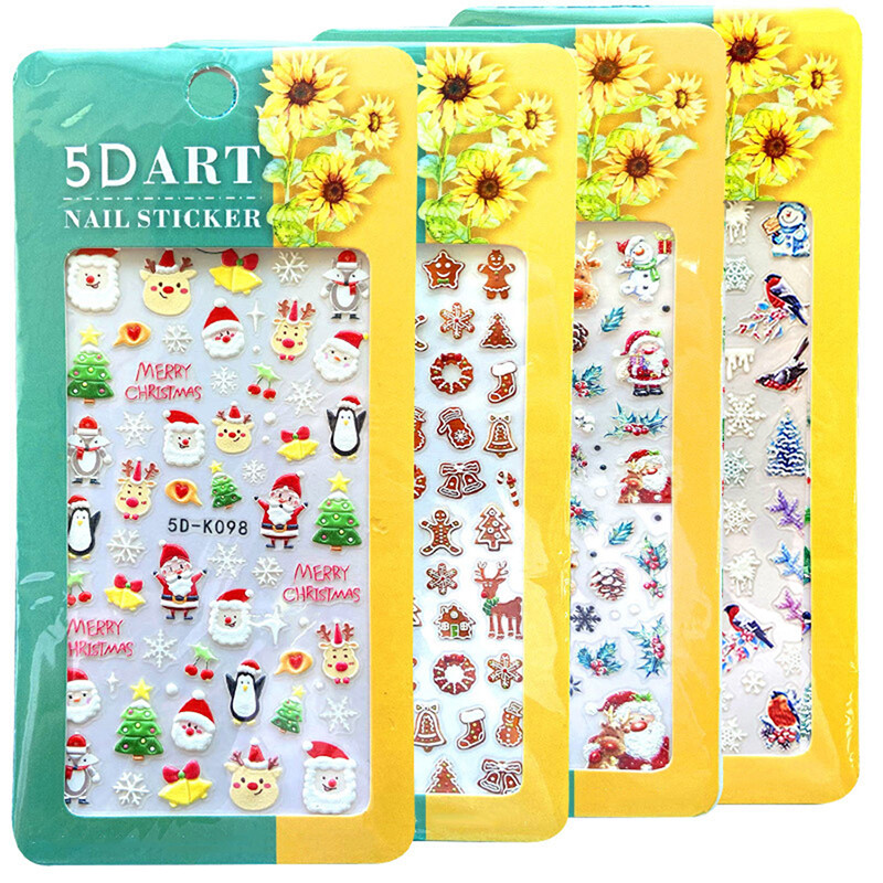 4set New Year Nail Art 5D Adhesive Stickers Embossed Color Christmas Nail Decals