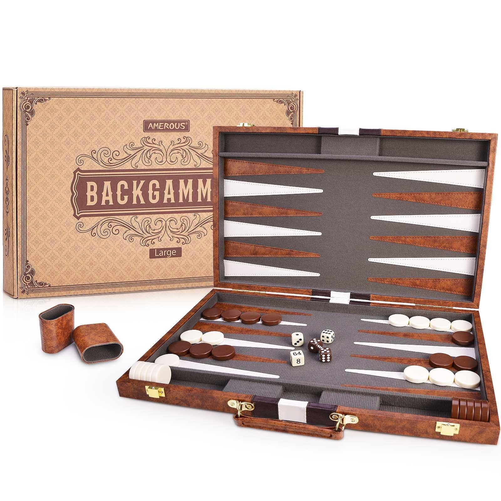 AMEROUS Backgammon Set, 18 Inches Classic Board Game withLeather Large, Brown