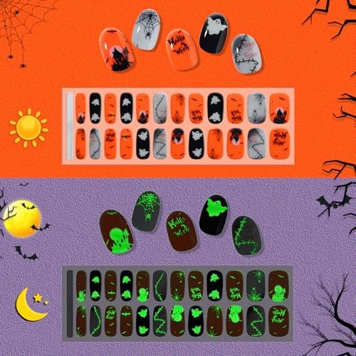 1 Sheet 24pcs Halloween Luminous Semi Cured Gel Nail Strips, Sticky Design 4