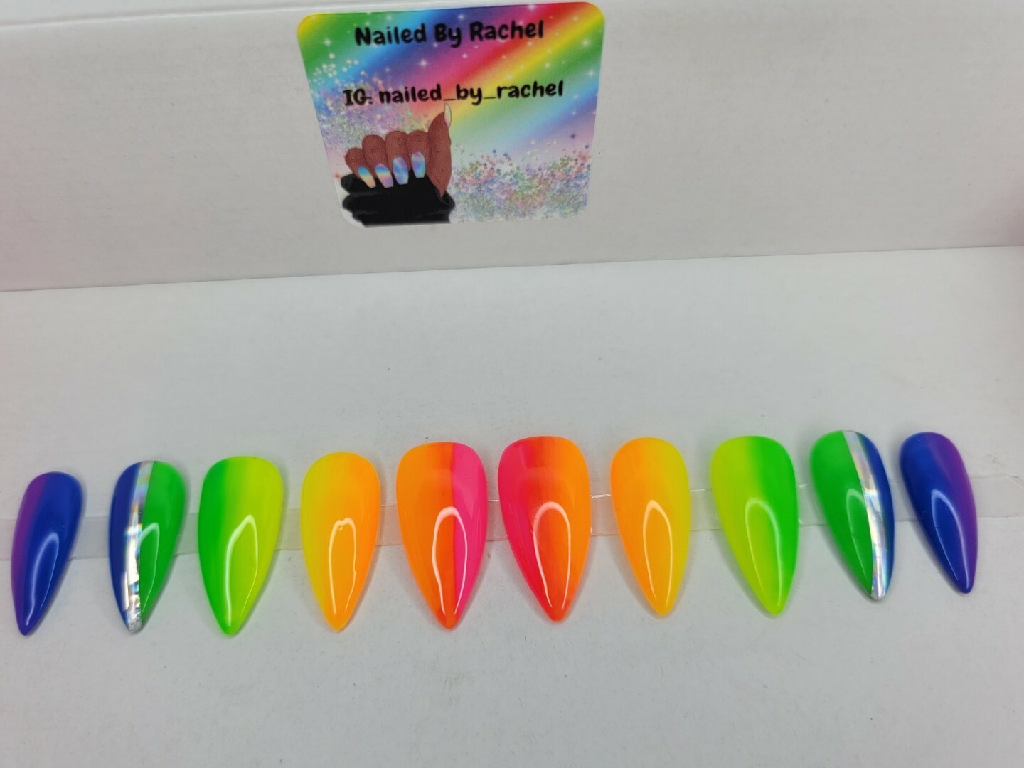 Neon Rainbow ombre nails bling medium stiletto PRESS ON NAILS pride summer nail