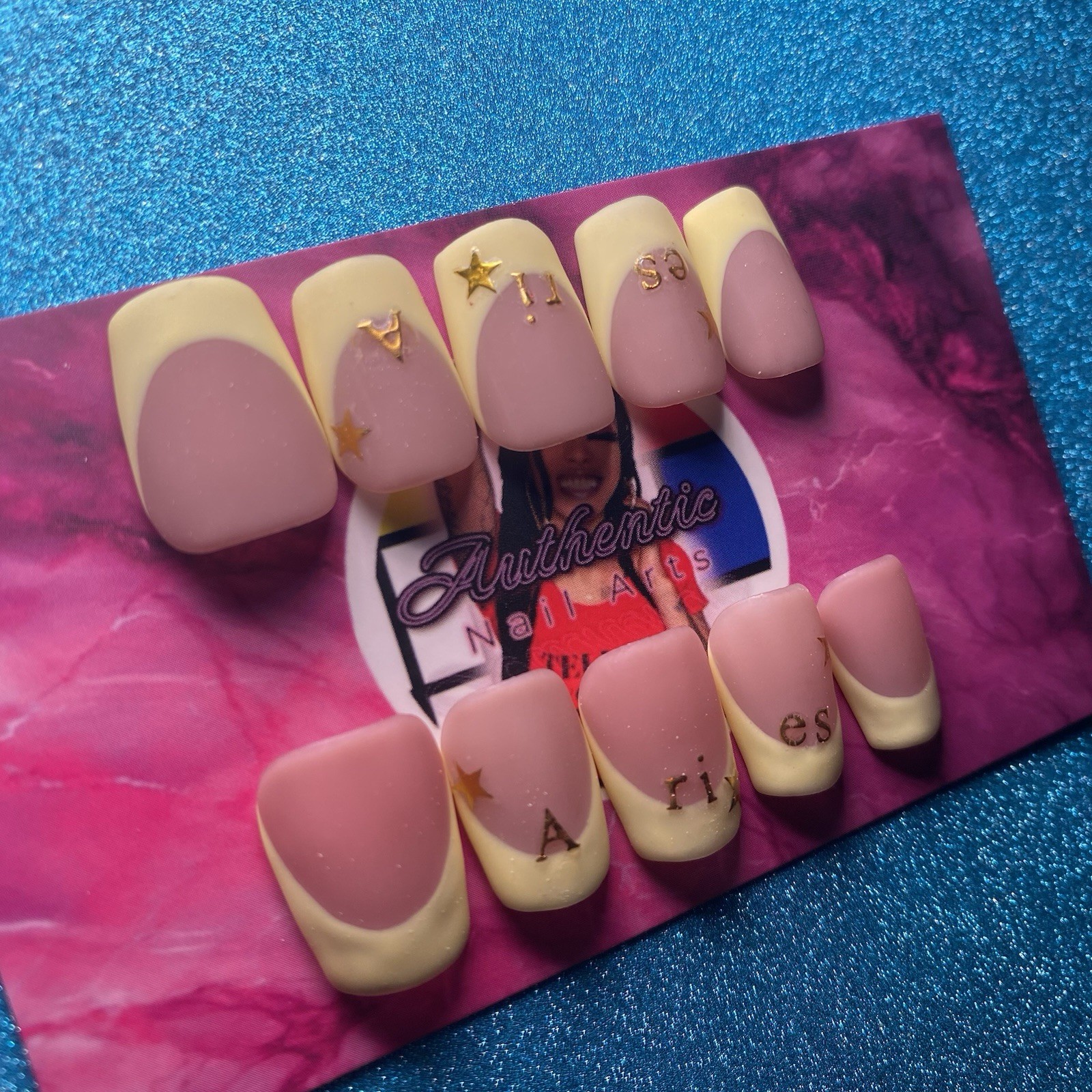 Authentic Nail Arts by Dia Square Press-On Nails Nude Yellow French 3D Zodiac