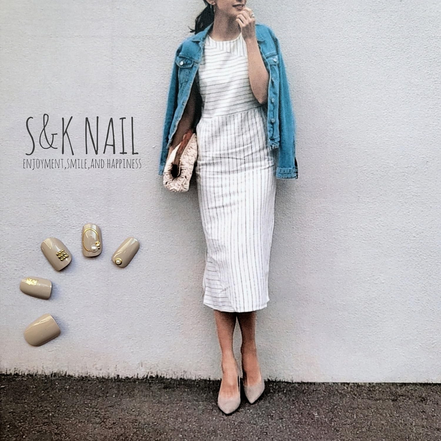 Nail Tips Short Oval Gray Beige Handmade 26pcs Japan