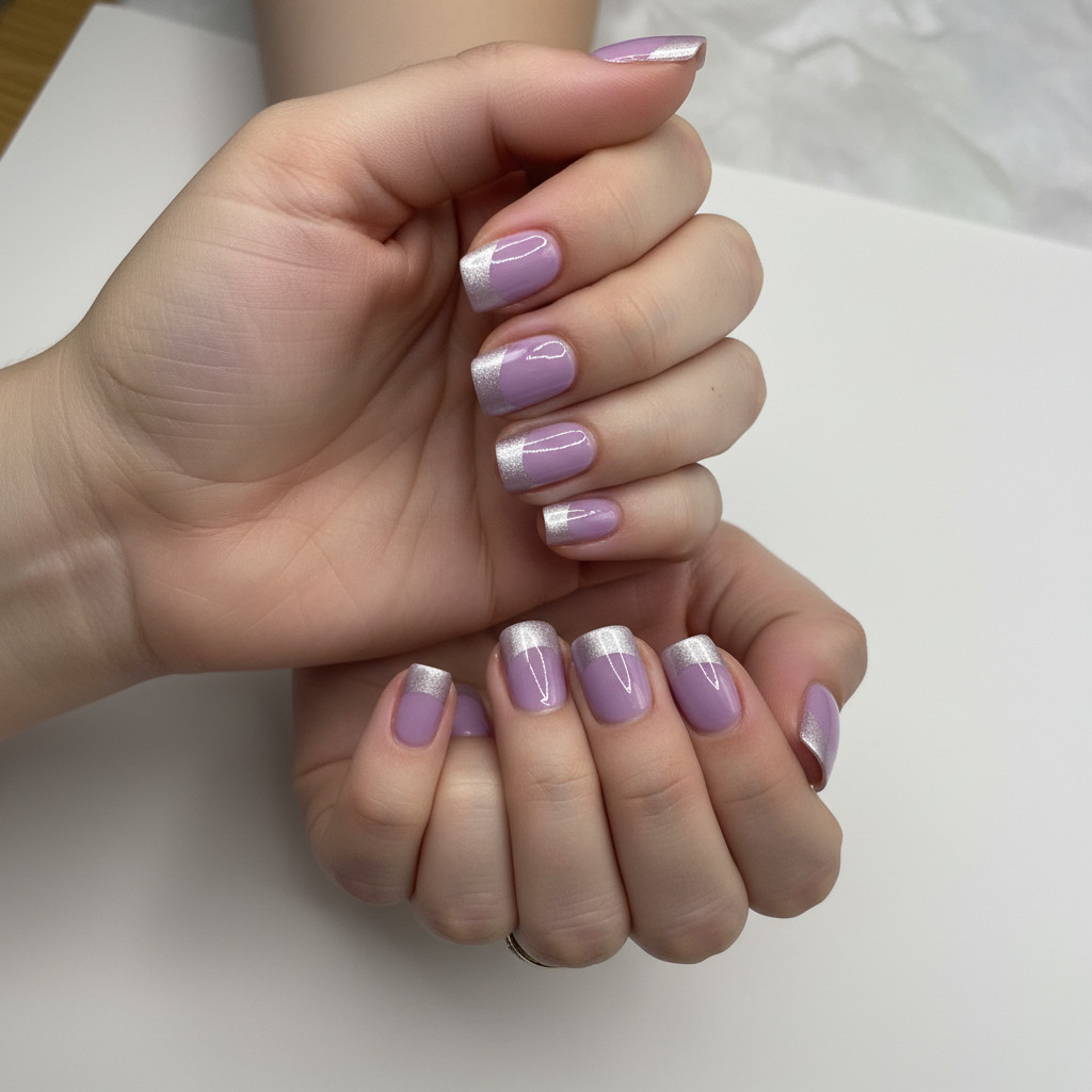 MIMO Press-On Nails Square – Lavender with Silver Glitter Tip, 24pcs Reusable